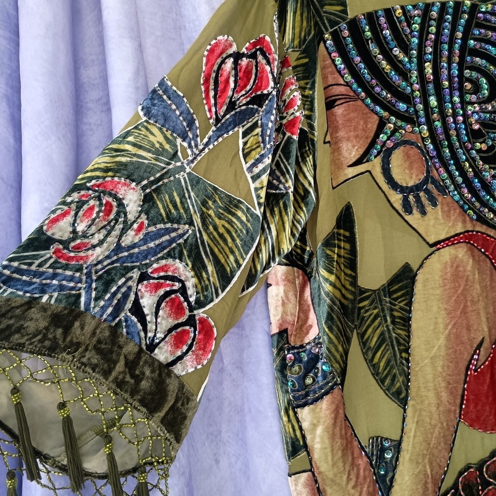 Chico's Vintage Olive Silk Velvet Burnout Tassel Beaded Kimono - Picture 8 of 11